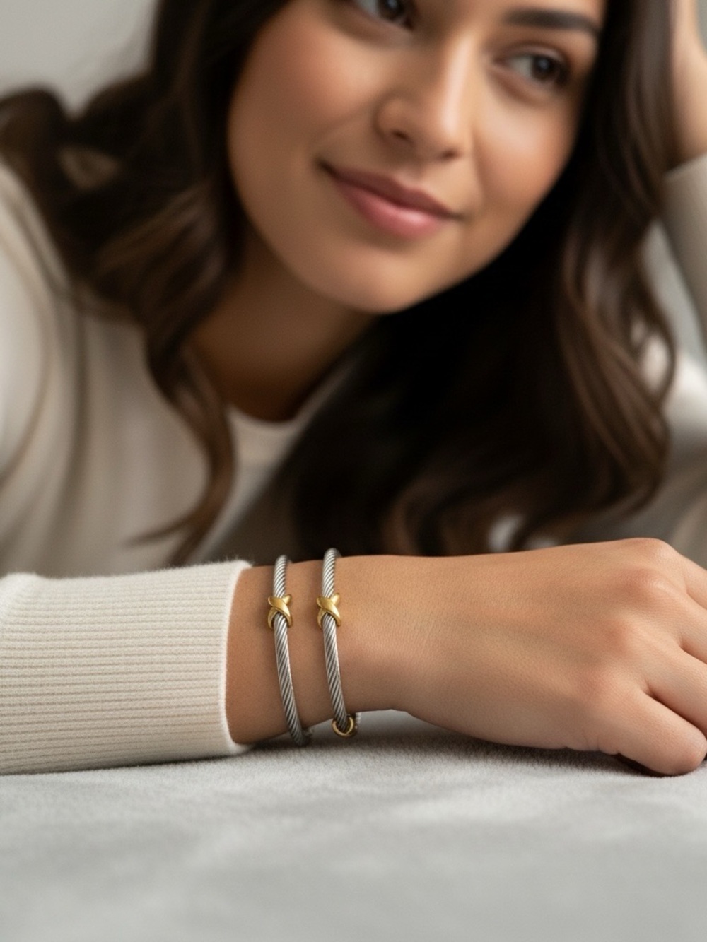 Set of 2 Two Tone Twist Cable Cuff Bracelets Stainless Steel